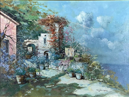 Large Framed Oil Painting Garden Flower Sanzone Signed Italian Landscape
