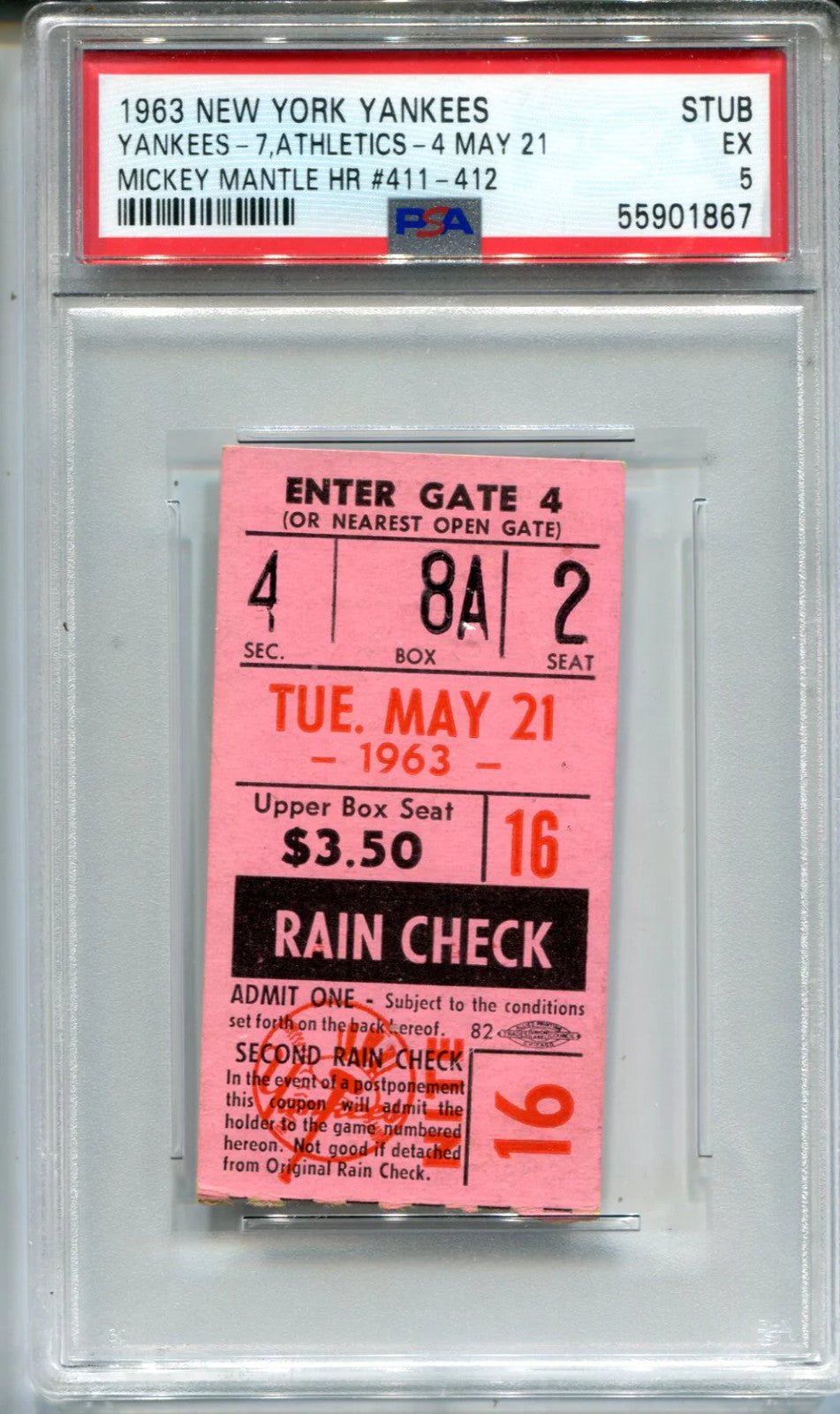 1963 New York Yankees Vs. Athletics 4 May 21 Ticket Stub (Psa Ex 5 )