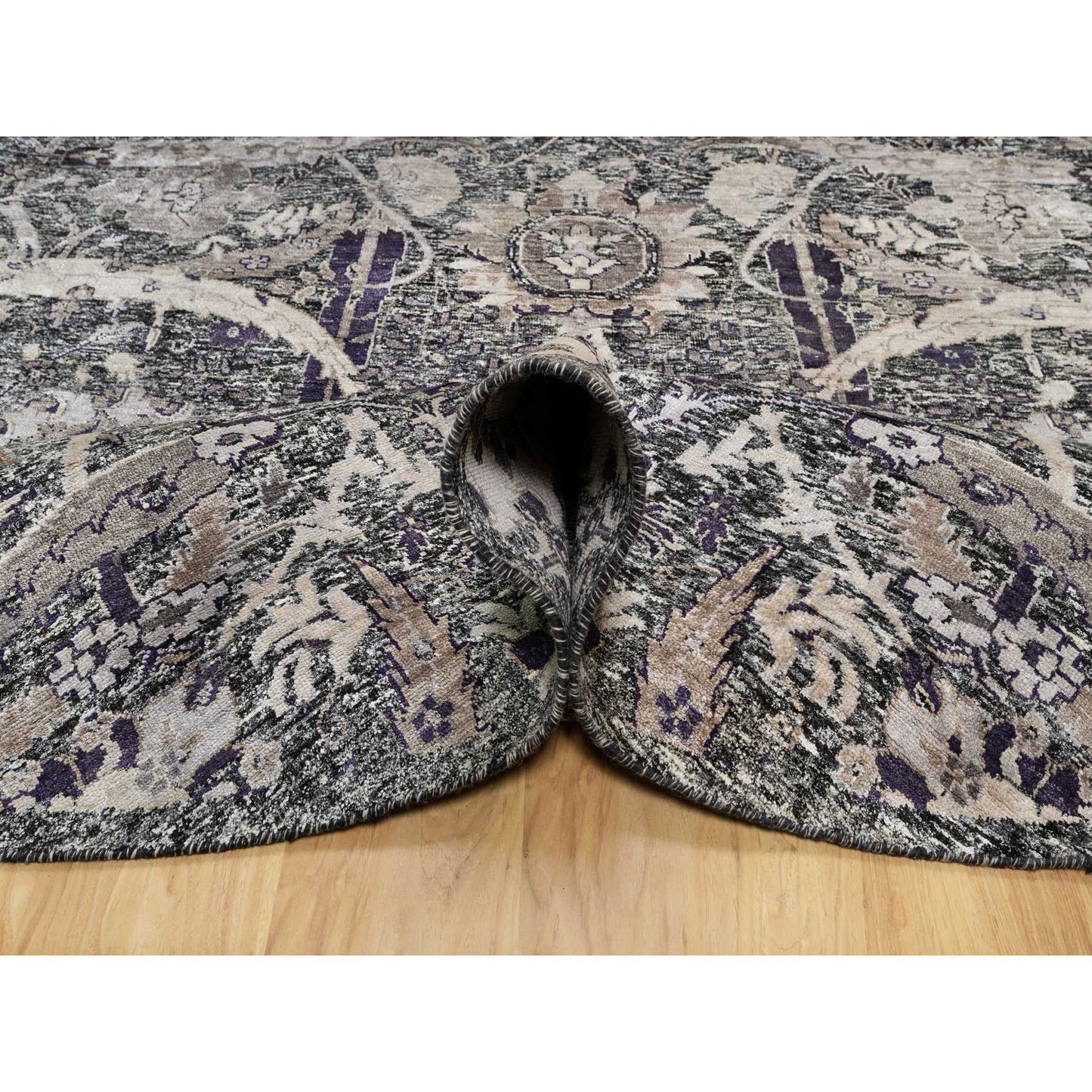8'X8' Brown Hand Knotted Wool And Silk Sickle Leaf Round Oriental Rug