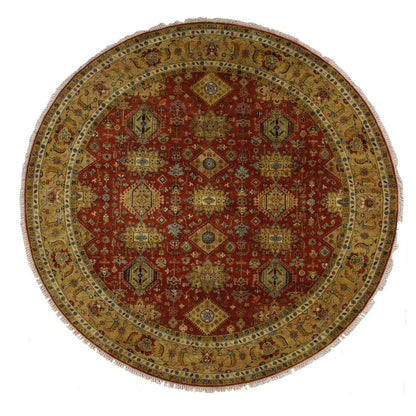 10'X10' Red Hand Knotted Karajeh Design Pure Wool Round Rug