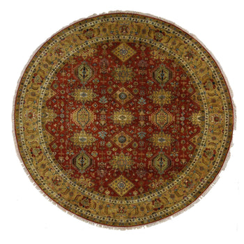 10'X10' Red Hand Knotted Karajeh Design Pure Wool Round Rug