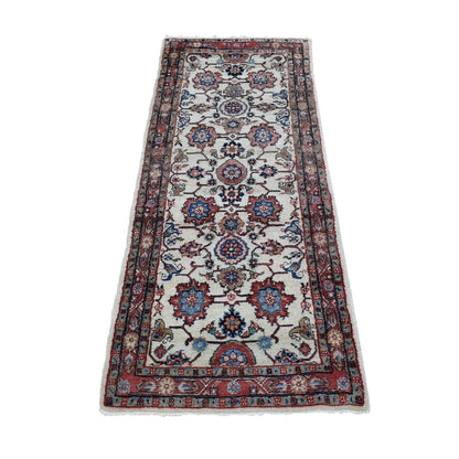 2'7"X6'8" Ivory Semi Antique Farsian Kazvin Wool Hand Knotted Runner Rug