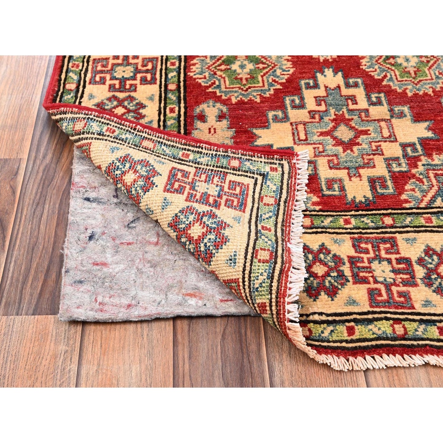 2'7"X12'8" Red Kazak With Geometric Design Hand Knotted Rug Wool Runner