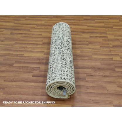 2'8"X10' White Mamluk Dynasty Design Undyed Wool Hand Knotted Runner Rug