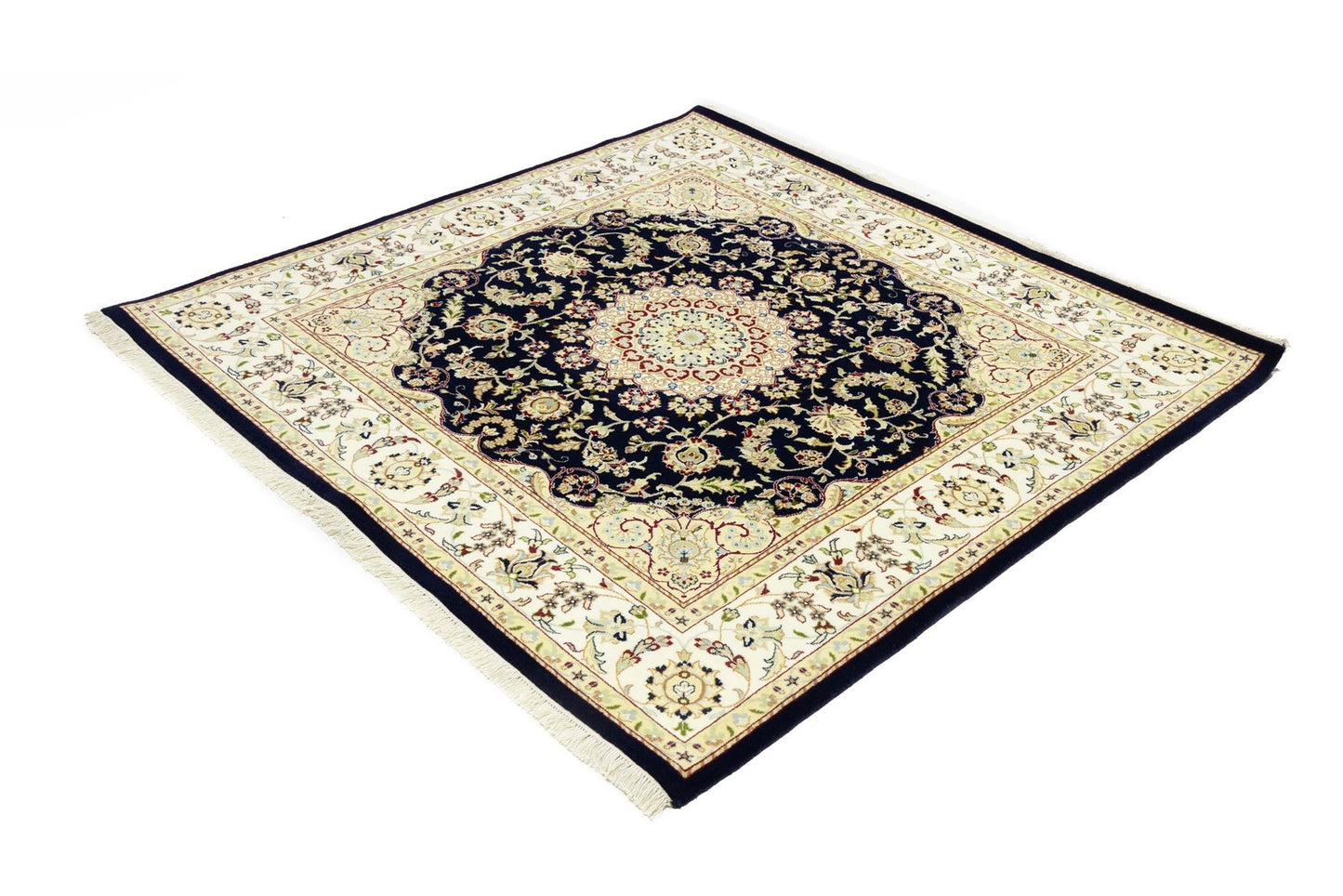 Handmade Navy Floral Classic Indo-Nain Square Rug Oriental Carpet 6x6ft