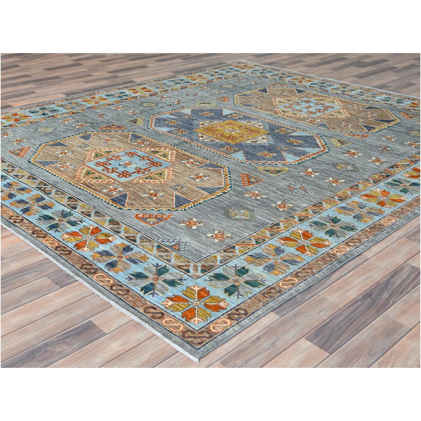 8'3"x9'7" Gray Wool Hand Knotted Armenian Inspired Design 200 KPSI Rug