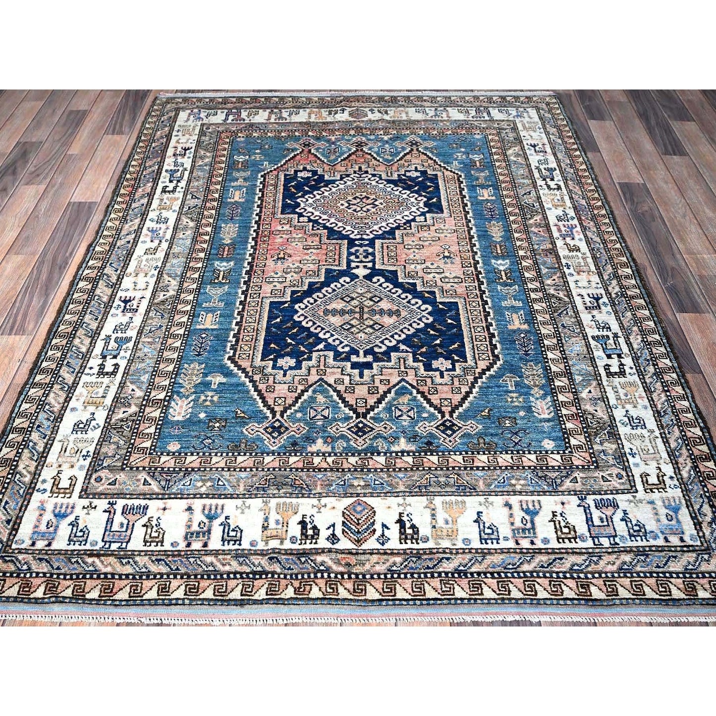 5'X6'3" Pink Afghan Caucasian Design Revival Hand Knotted Soft Wool Rug