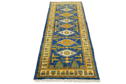 Vintage Style Blue Geometric Kazak Runner Rug