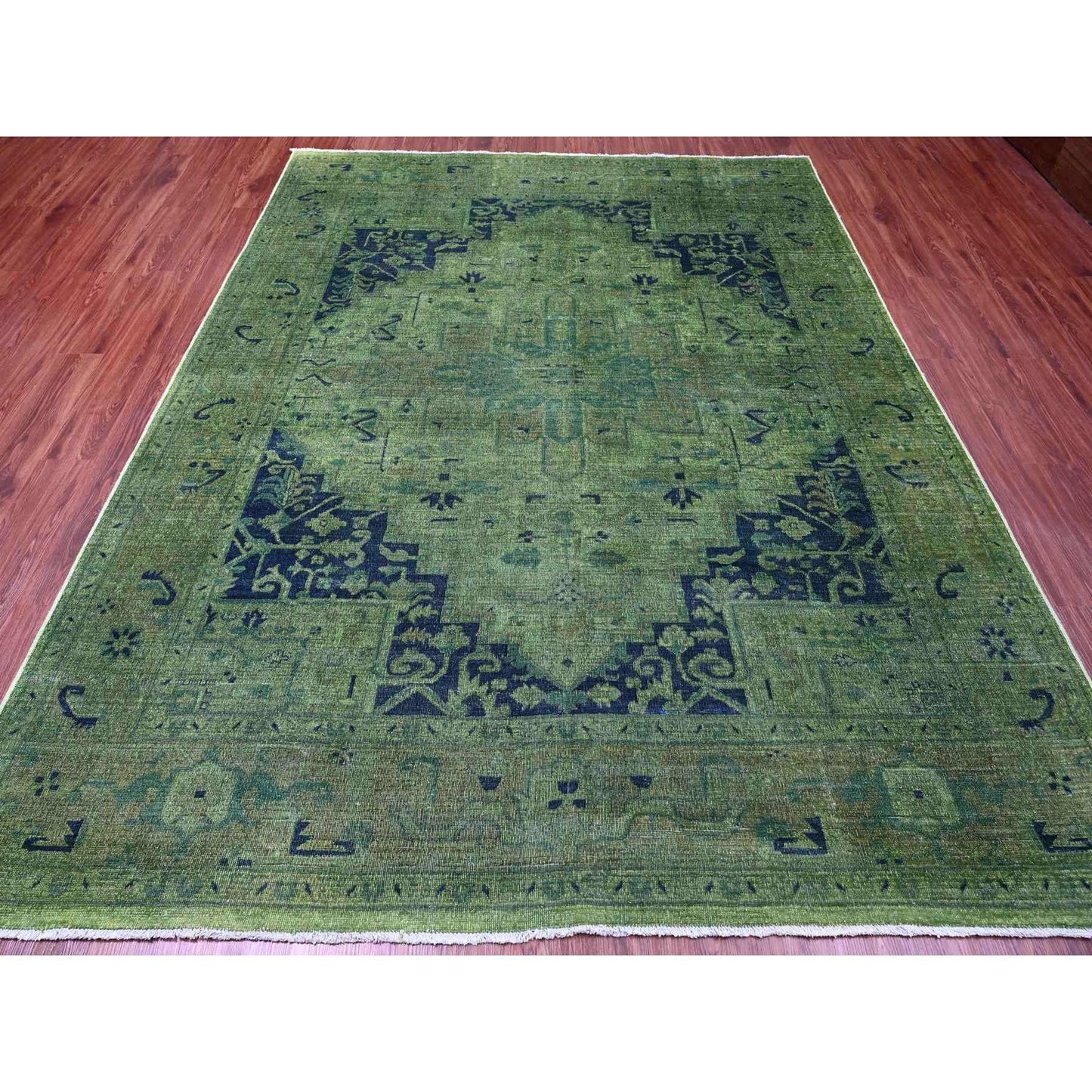 7'9"X9'8" Hunter Green Overdyed Heris Design Hand Knotted 100% Wool Rug