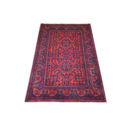 3'4"X4'10" Deep Red Afghan Khamyab Soft Wool Hand Knotted Rug