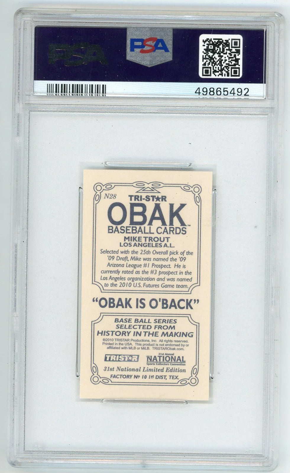 Mike Trout 2010 Tristar Obak Mini 31St National #N28 Psa Mt 9