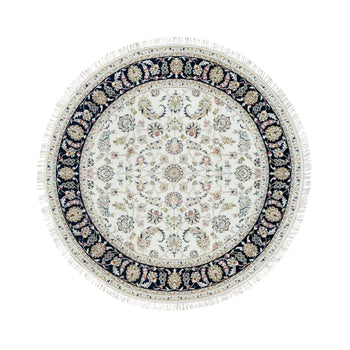 6'X6' Powder White Hand Knotted Nain Design 250 Kpsi Soft Wool Round Rug