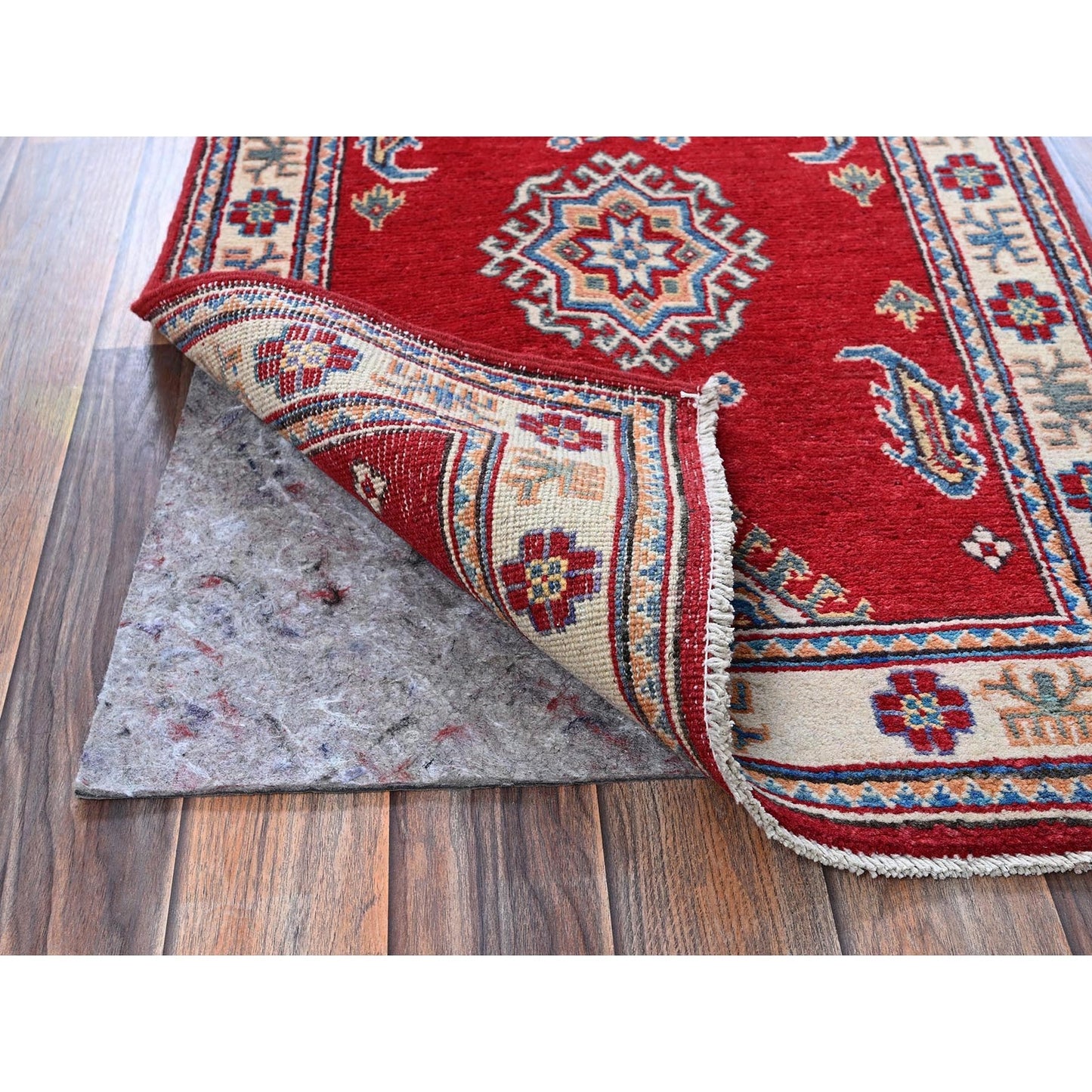 2'1"X3'1" Red Kazak With Medallion Design Hand Knotted Soft Wool Sample Rug