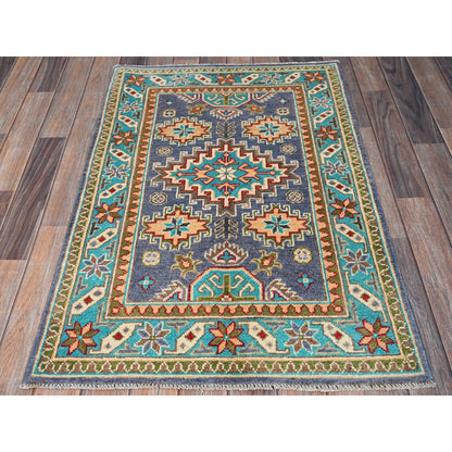 2'8"X4' Purple Kazak Geometric Design Hand Knotted Soft Wool Sample Rug