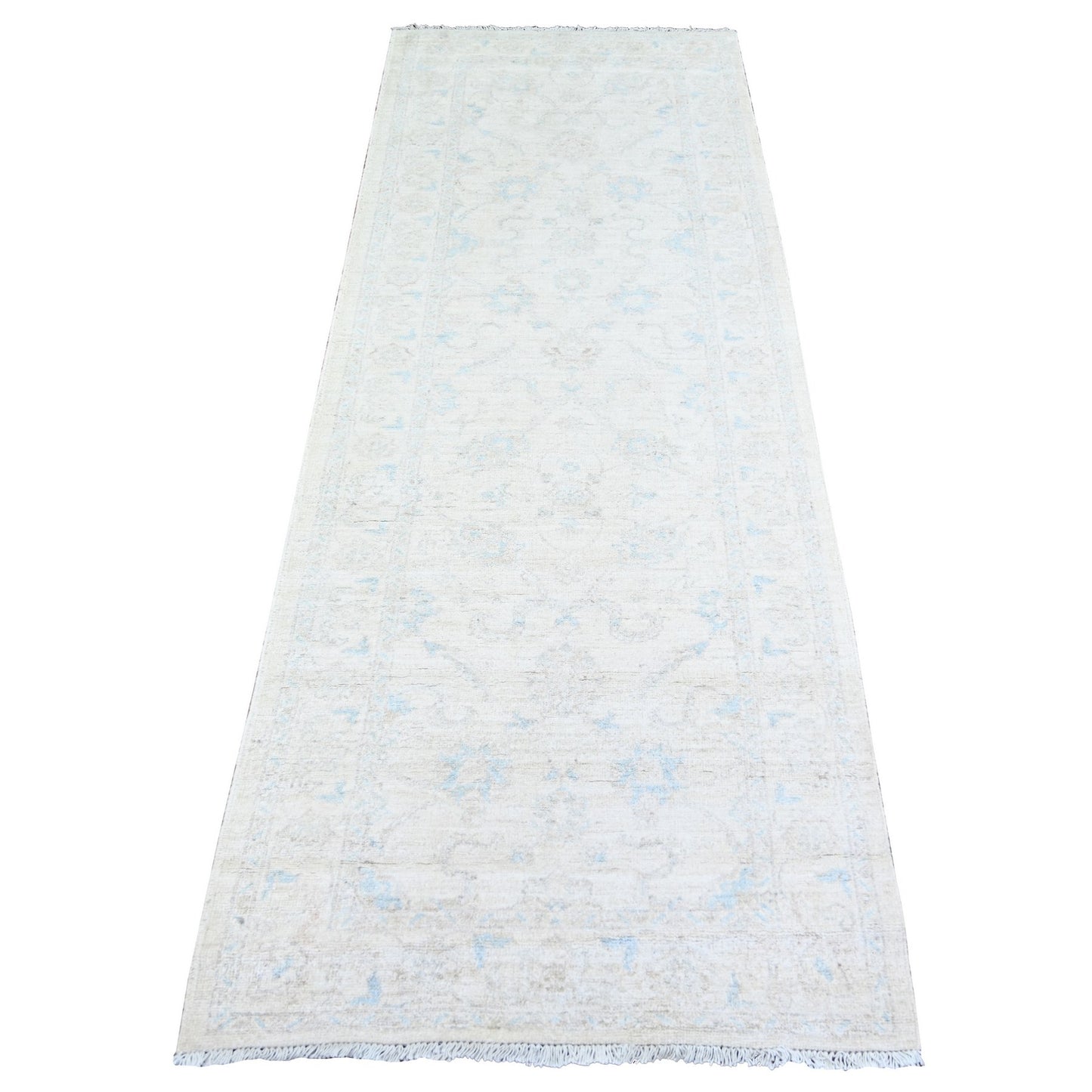 2'9"X7'8" Rose White Hand Knotted Wash Peshawar Wool Runner Rug