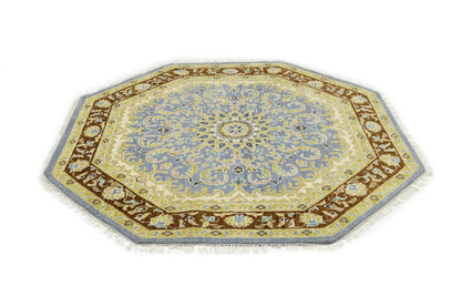 Handmade Oushak Blue Wool Octagon Floral Design 6X6 ft Oriental Home Carpet