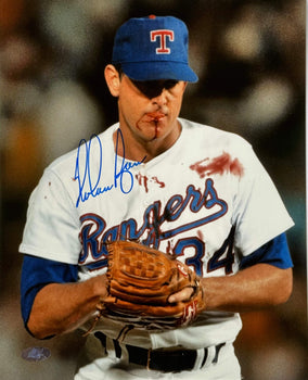 Nolan Ryan Autographed Rangers Bloody Lip 8X10 Baseball Photo (Nolan Ryan Holo)