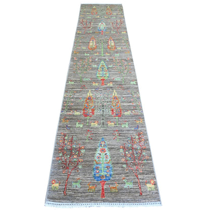 2'5"X11'2" Gray Wool Hand Knotted Folk Art Willow Cypress Tree Runner Rug