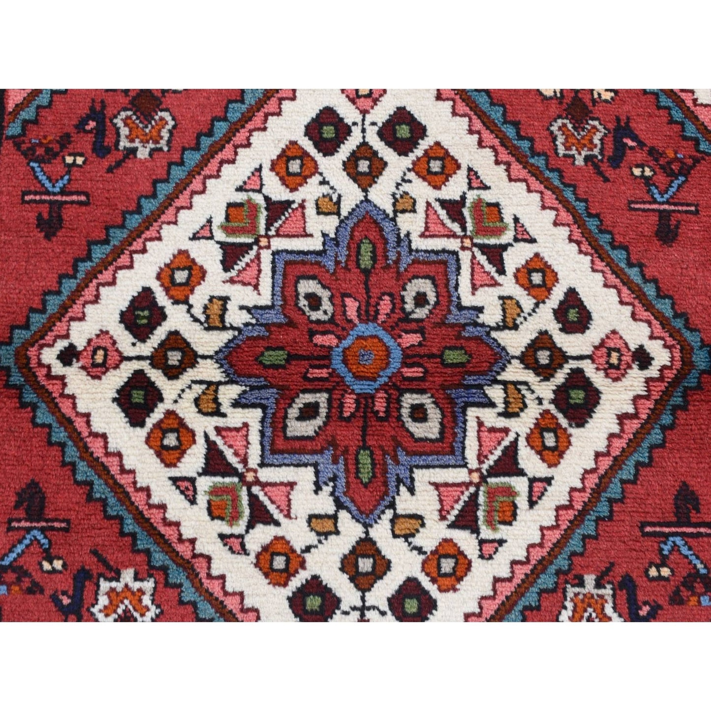3'5"X5'1" Red New Zoroastrian Khamadan Design Pure Wool Hand Knotted Rug