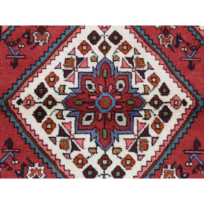 3'5"X5'1" Red New Zoroastrian Khamadan Design Pure Wool Hand Knotted Rug