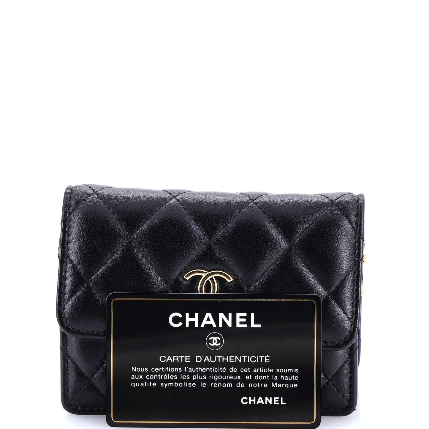 Chanel Camellia Bow Flap Card Holder With Chain Quilted Lambskin
