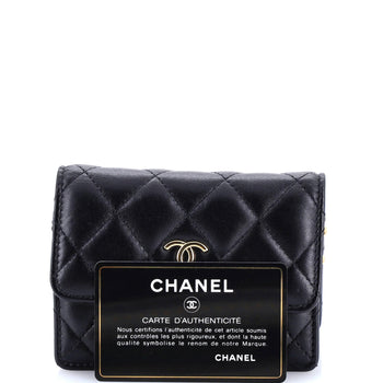 Chanel Camellia Bow Flap Card Holder With Chain Quilted Lambskin