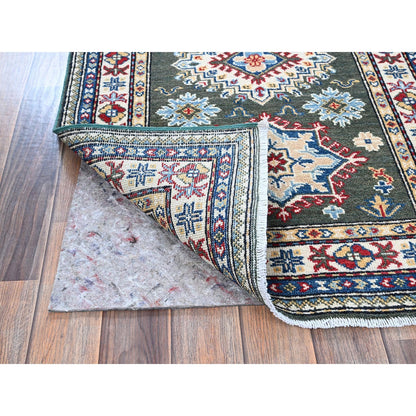 2'8"X6'5" Green Kazak With Geometric Design Wool Hand Knotted Runner Rug
