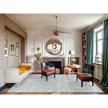 9'7"X13'2" Gray Hand Knotted Old Farsian Tebraz Worn Wool Distressed Rug