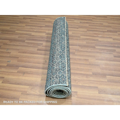 3'X9'9" Blue Repetitive Diamond Design Soft Wool Hand Knotted Runner Rug