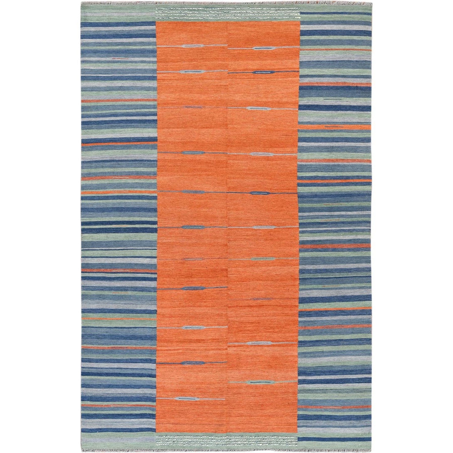 6'3"X9'2" Handwoven Sunburst And Stripes Design Flat Weave Kilim Wool Rug