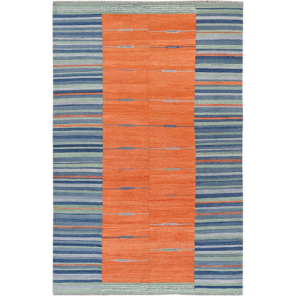 6'3"X9'2" Handwoven Sunburst And Stripes Design Flat Weave Kilim Wool Rug