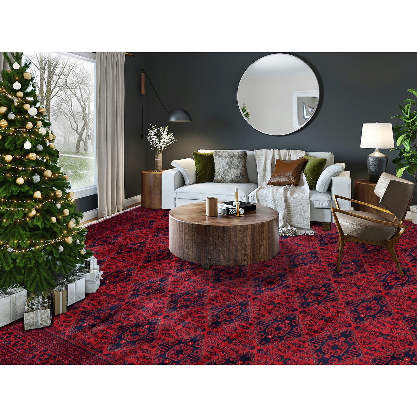 9'10"X13'2" Red Afghan Khamyab Geometric Design Soft Wool Hand Knotted Rug