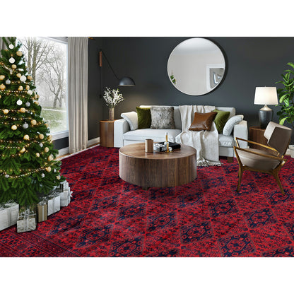 9'10"X13'2" Red Afghan Khamyab Geometric Design Soft Wool Hand Knotted Rug