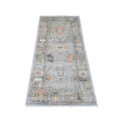 2'10"X5'10" Gray Angora Oushak Leaf Design Wool Hand Knotted Runner Rug