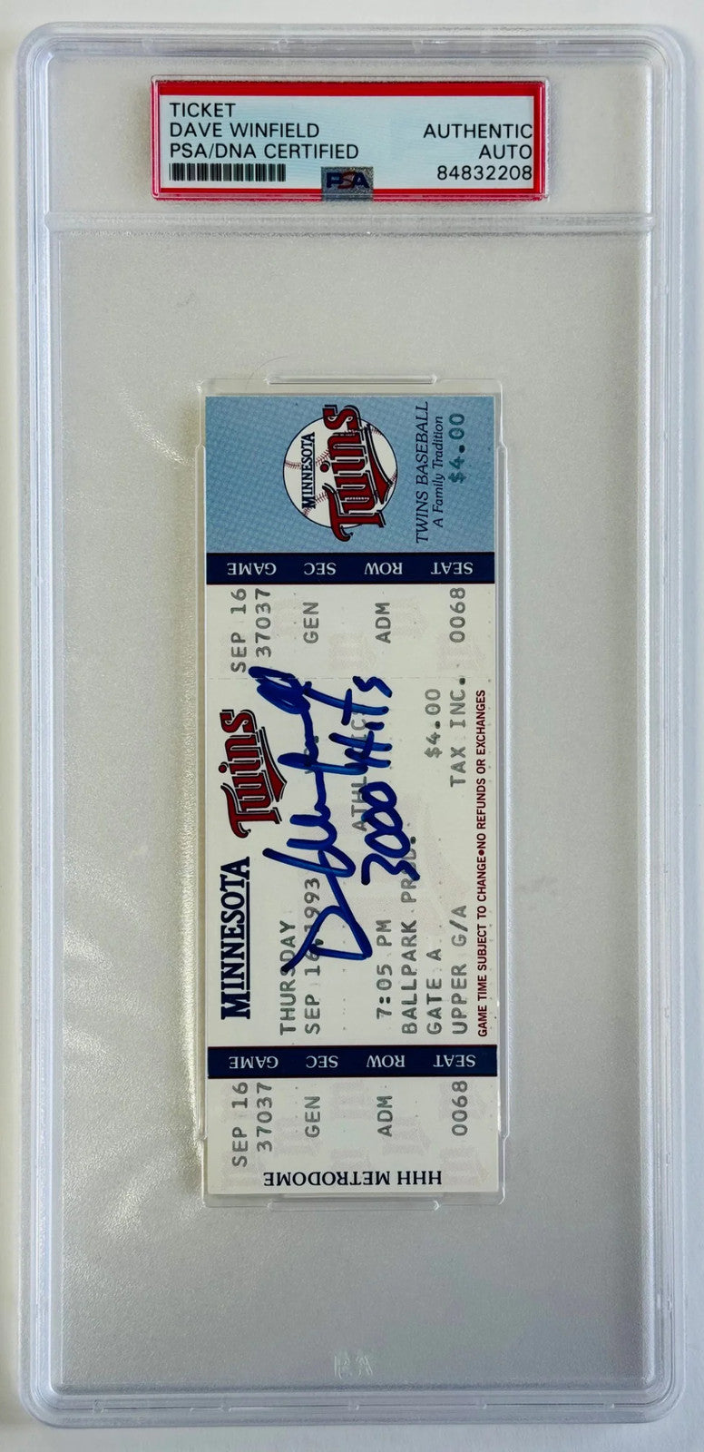 Dave Winfield Signed 3000Th Career Hit Ticket Sept 16 1993 (Psa) Authentic Auto