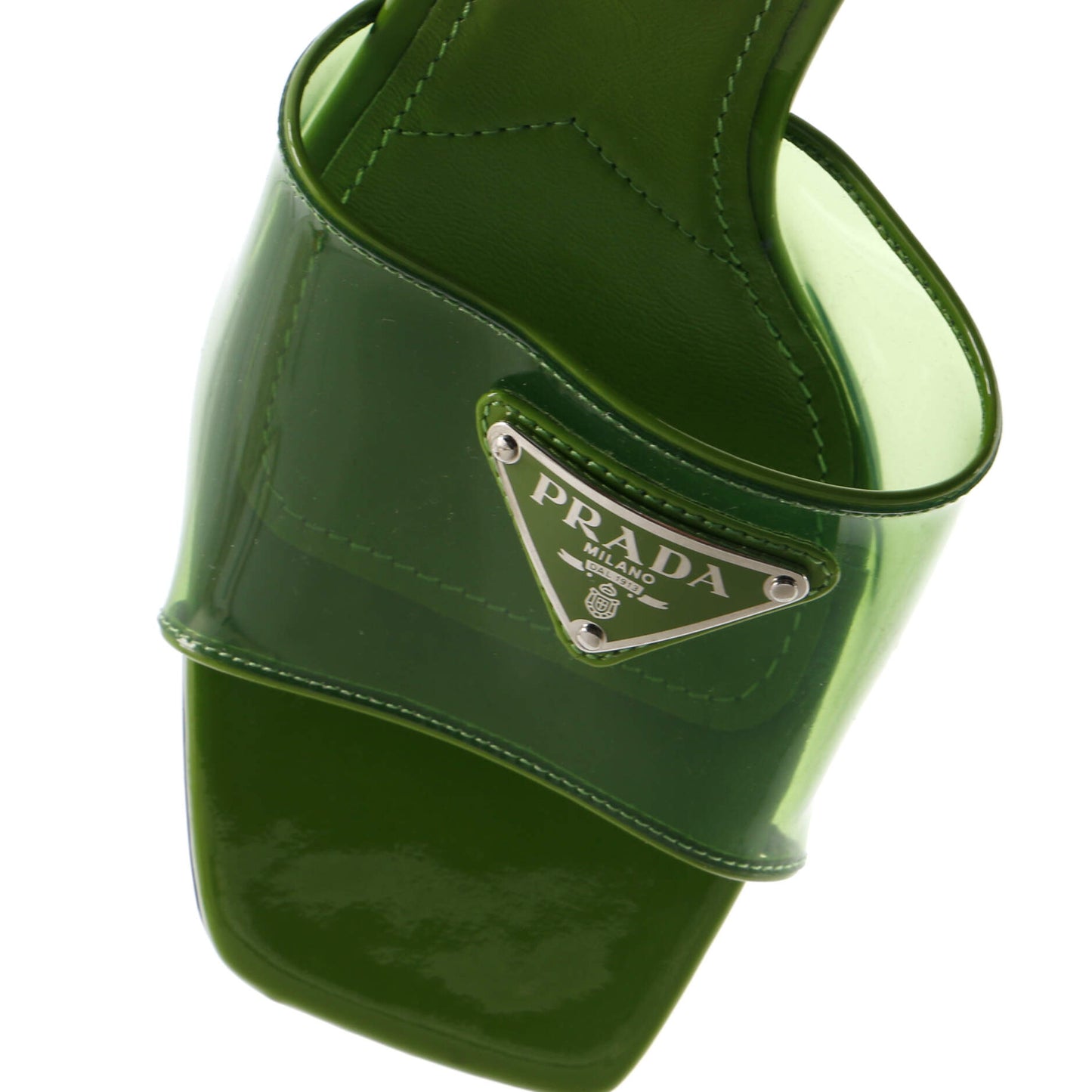 Prada Women'S Triangle Logo Kitten Heeled Sandals Pvc With Patent