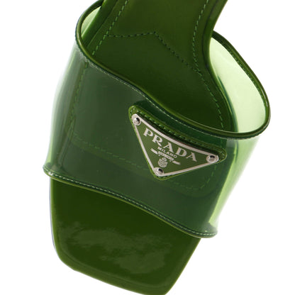 Prada Women'S Triangle Logo Kitten Heeled Sandals Pvc With Patent