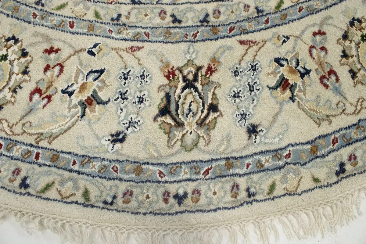 Extra Fine Hand-Knotted Indo-Nain Round Rug 6X6 ft Cream Floral