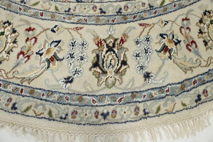 Extra Fine Hand-Knotted Indo-Nain Round Rug 6X6 ft Cream Floral
