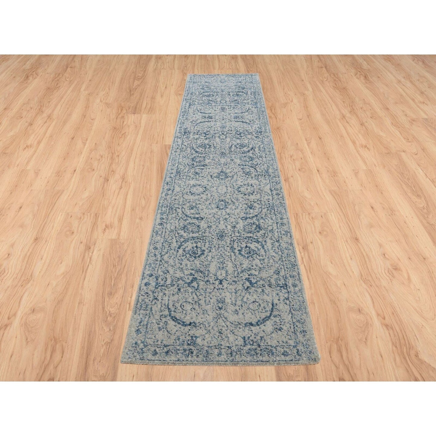 2'6"X12' Fine Jacquard Wool And Silk Hand Loomed Gray Runner Rug