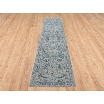 2'6"X12' Fine Jacquard Wool And Silk Hand Loomed Gray Runner Rug