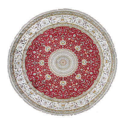 10'9"X10'9" Fire Brick Red Hand Knotted Silken 300 Kpsi Round Rug