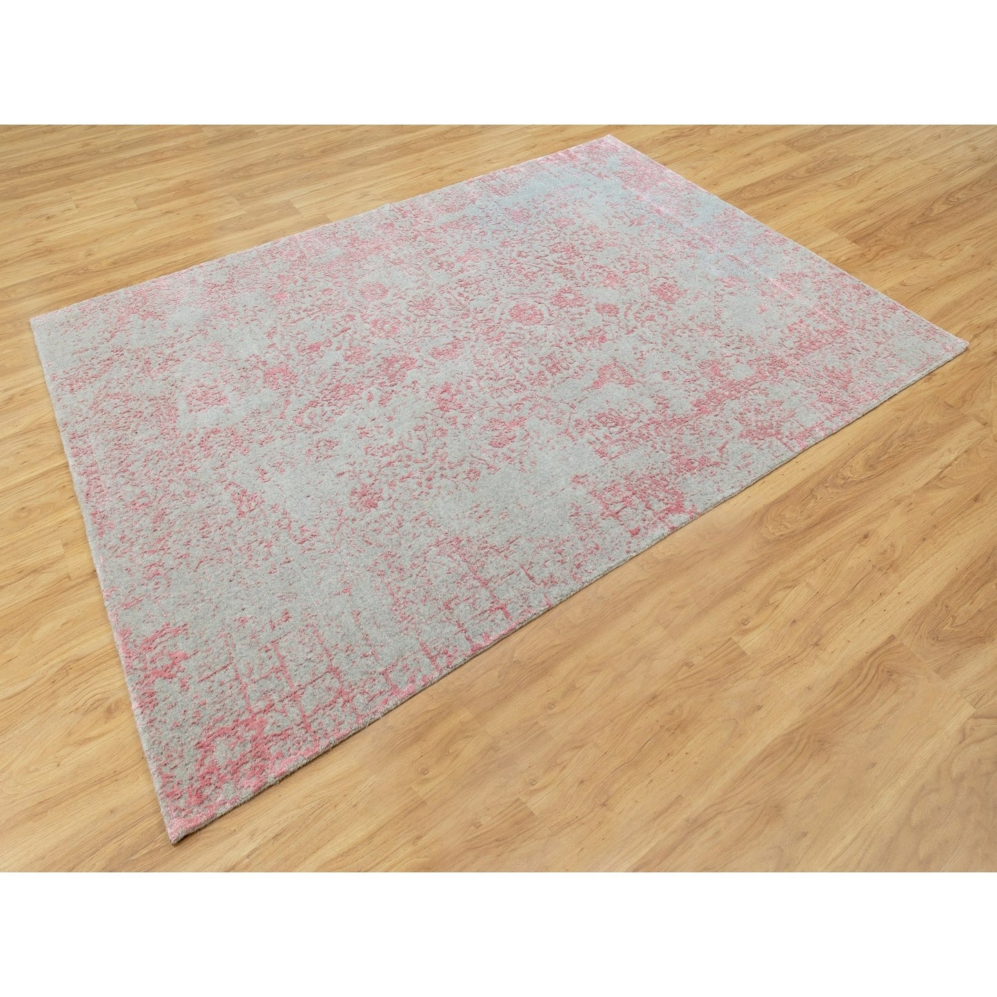 6'X9' Pink Hand Loomed Jacquard Wool And Art Silk All Over Design Rug