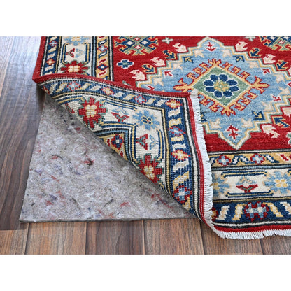 2'8"X6'7" Red Kazak With Geometric Design Soft Wool Hand Knotted Runner Rug