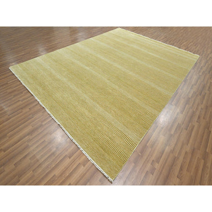 9'X12' Ecru Brown Modern Grass Design Wool And Silk Hand Knotted Rug