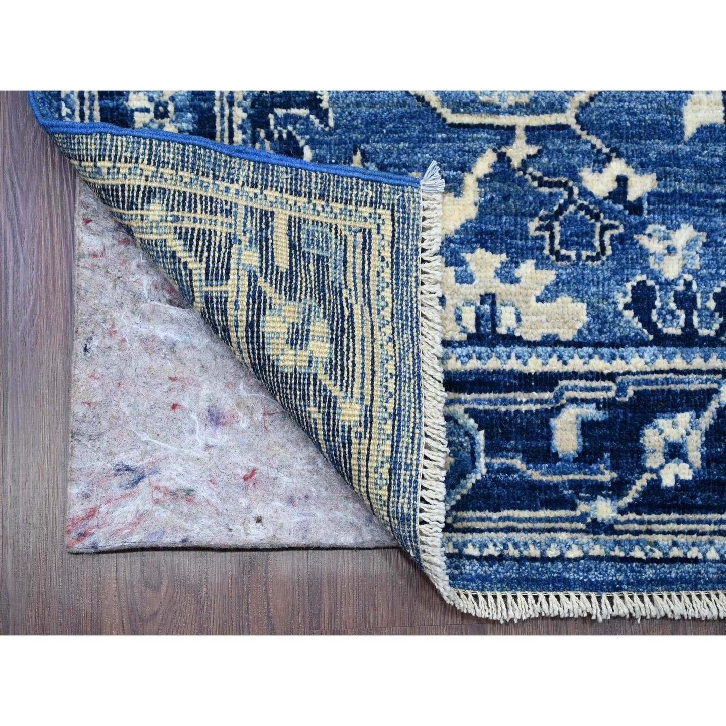 2'9"X19'7" Blue Hand Knotted Angora Oushak Leaf Design Wool Runner Rug