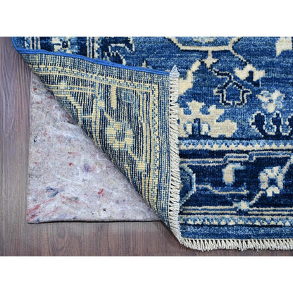 2'9"X19'7" Blue Hand Knotted Angora Oushak Leaf Design Wool Runner Rug