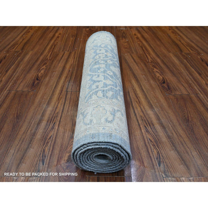 2'8"X10'4" Blue Hand Knotted Natural Wool White Wash Peshawar Runner Rug