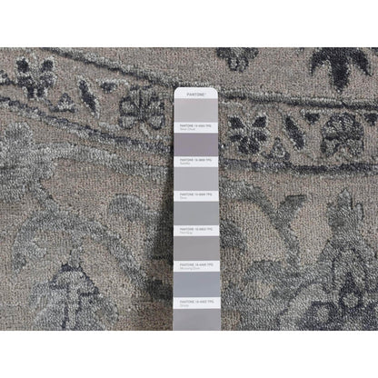 10'X10' Gray Heris Design Wool And Silk Hand Knotted Round Rug