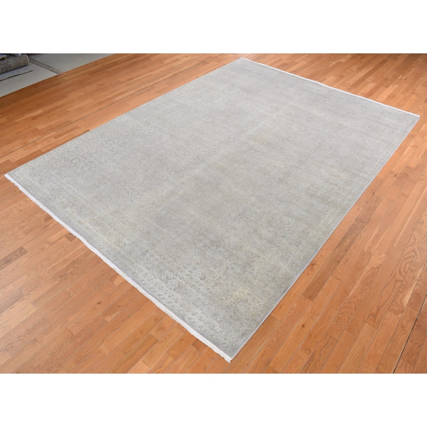 8'10"X12' Gray Silk With Textured Wool Tone On Tone Hand Knotted Rug